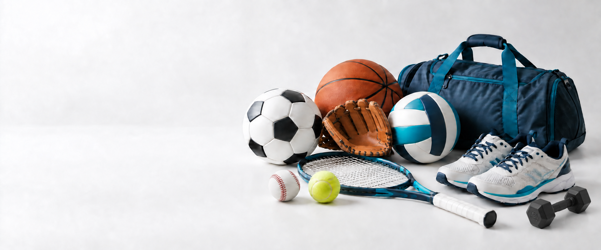 野球グローブと野球ボール、ダンベル、サッカー、テニス、ランニング、バスケットボール、バレーボールの用品を並べたスポーツのイメージ